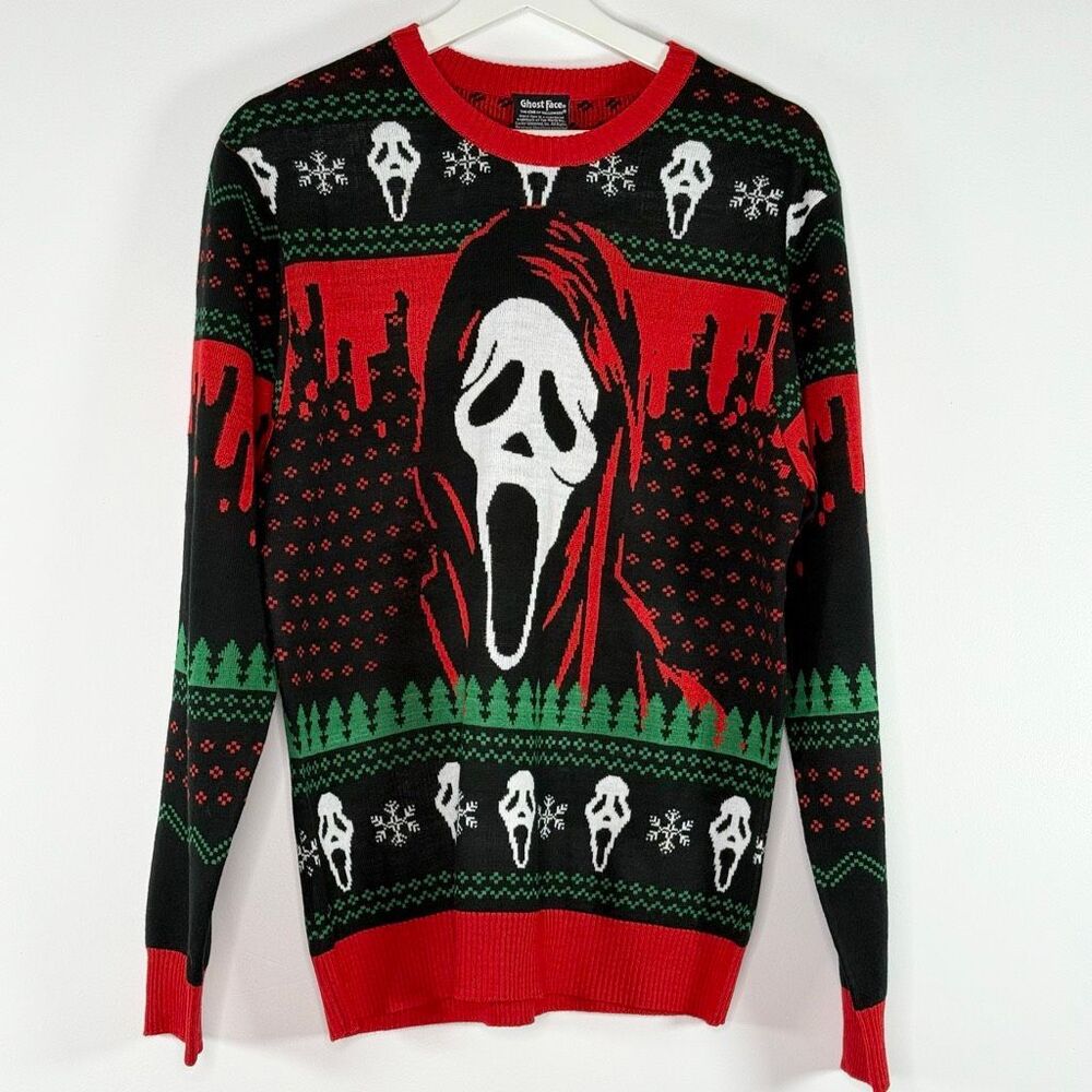 TJ Maxx Ghostface Scream Mask Crewneck Sweater Black Red White Green Holiday “Ug